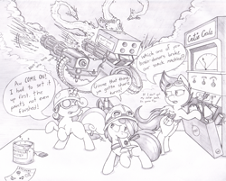 Size: 1239x997 | Tagged: safe, artist:joey darkmeat, character:apple bloom, character:scootaloo, character:sweetie belle, species:pegasus, species:pony, crossover, cutie mark crusaders, dispenser, engineer, meet the engineer, monochrome, sentry, sketch, team fortress 2, traditional art
