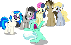 Size: 12861x8171 | Tagged: safe, artist:vector-brony, character:bon bon, character:derpy hooves, character:dj pon-3, character:doctor whooves, character:lyra heartstrings, character:octavia melody, character:sweetie drops, character:time turner, character:vinyl scratch, species:earth pony, species:pegasus, species:pony, species:unicorn, absurd resolution, background six, bow tie, cutie mark, eyes closed, female, hooves, horn, kneeling, male, mare, open mouth, simple background, smiling, stallion, sunglasses, transparent background, vector, wings