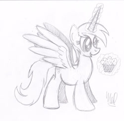 Size: 903x884 | Tagged: safe, artist:drawponies, character:derpy hooves, species:alicorn, species:pony, alicornified, derpicorn, female, muffin, race swap, solo, traditional art