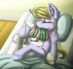Size: 900x852 | Tagged: safe, artist:inuhoshi-to-darkpen, character:blossomforth, character:cloud kicker, species:pony, fanfic:the life and times of a winning pony, ship:cloudforth, winningverse, bed, duo, fanfic, fanfic art, female, hug, lesbian, shipping, sleeping