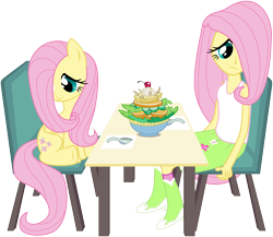Size: 6000x5215 | Tagged: safe, artist:masem, character:fluttershy, my little pony:equestria girls, absurd resolution, awkward, herbivore, human ponidox, ponidox, salad, shy, simple background, square crossover, table, transparent background, vector