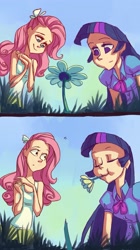 Size: 1629x2913 | Tagged: safe, artist:holivi, character:fluttershy, character:twilight sparkle, species:human, my little pony:equestria girls, 2 panel comic, comic, eating, eyes closed, flower, human coloration, humanized, humans doing horse things, no pupils, nom