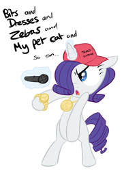 Size: 711x977 | Tagged: dead source, safe, artist:shoutingisfun, artist:tess, character:rarity, species:pony, bipedal, bling, chains, clothing, female, floppy ears, gangsta, gangster, gold chains, hair over one eye, hat, magic, microphone, open mouth, rapper, rapping, solo, telekinesis, watch