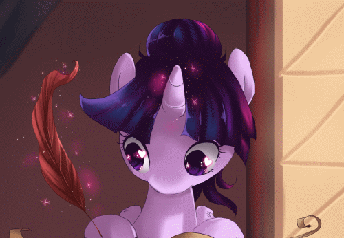 Size: 500x346 | Tagged: dead source, safe, artist:loyaldis, character:twilight sparkle, character:twilight sparkle (alicorn), species:alicorn, species:pony, alternate hairstyle, animated, feather, female, hair bun, heart eyes, magic, quill, solo, wingding eyes, writing