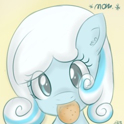 Size: 900x900 | Tagged: safe, artist:freefraq, oc, oc only, oc:snowdrop, bust, cookie, cute, head tilt, looking at you, mouth hold, nom, portrait, smiling, snowbetes, solo