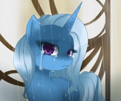 Size: 768x638 | Tagged: dead source, safe, artist:loyaldis, character:trixie, species:pony, species:unicorn, colored pupils, crying, female, looking at you, mare, rain, sad, solo, wet mane