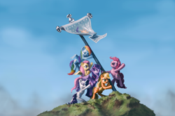 Size: 3240x2160 | Tagged: safe, artist:assasinmonkey, character:applejack, character:fluttershy, character:pinkie pie, character:rainbow dash, character:rarity, character:twilight sparkle, character:twilight sparkle (alicorn), species:alicorn, species:pony, banner, bipedal, equestrian flag, eyes closed, female, flag, frown, glare, hanging banner, high res, iwo jima, mane six, mare, mountain, open mouth, parody, pushing, smiling, wallpaper, world war ii