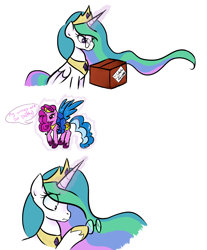 Size: 1392x1680 | Tagged: safe, artist:jessy, character:princess celestia, species:alicorn, species:pony, comic, female, glasses, mare, my wings are so pretty, pinklestia, present, simple background, toy, white background