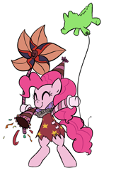 Size: 952x1388 | Tagged: safe, artist:jessy, character:gummy, character:pinkie pie, species:earth pony, species:pony, balloon, bipedal, clothing, costume, eyes closed, female, fiddlesticks (league of legends), happy, league of legends, mare, party, simple background