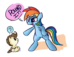 Size: 1060x812 | Tagged: safe, artist:jessy, artist:rustydooks, character:pound cake, character:rainbow dash, species:pegasus, species:pony, g4, baby, baby pony, bipedal, cute, dialogue, duo, female, mare, pictogram, question mark, simple background, speech bubble