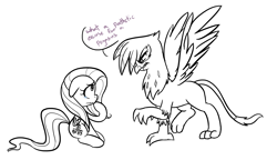 Size: 1772x1024 | Tagged: safe, artist:jessy, character:fluttershy, character:gilda, species:griffon, species:pegasus, species:pony, bully, bullying, crying, eye contact, female, floppy ears, flutterbuse, food chain, looking at each other, mare, monochrome, predator, prey, sad, simple background, sitting, this will end in school shooting