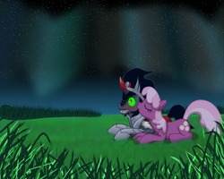 Size: 1600x1280 | Tagged: safe, artist:evil-dec0y, character:cheerilee, character:king sombra, species:earth pony, species:pony, species:unicorn, aurora borealis, blushing, crack shipping, female, grass, kiss on the cheek, kissing, male, mare, night, prone, shipping, sombralee, stallion, straight, surprised