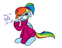 Size: 932x728 | Tagged: safe, artist:jessy, character:rainbow dash, species:pegasus, species:pony, alternate hairstyle, clothing, cute, cute ponies in sweaters, dressup, female, floppy ears, frown, glasses, looking at you, makeover, mare, meganekko, not cool, ponytail, rainbow dash always dresses in style, rainbow dork, simple background, sitting, solo, sweater, unamused, white background