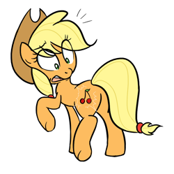Size: 796x792 | Tagged: safe, artist:jessy, character:applejack, species:earth pony, species:pony, g4, apple, cherry, cutie mark, female, looking back, mare, raised hoof, simple background, solo, surprised, wrong cutie mark