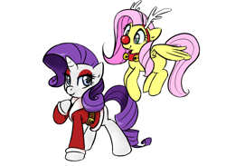 Size: 1326x973 | Tagged: safe, artist:jessy, character:fluttershy, character:rarity, species:pegasus, species:pony, species:unicorn, g4, antlers, christmas, clothing, costume, cute, female, mare, red nose, rudolph the red nosed reindeer, santa costume, shyabetes, simple background, white background