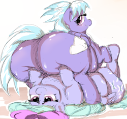 Size: 800x750 | Tagged: safe, artist:sirmasterdufel, character:cloudchaser, character:flitter, bedroom eyes, belly, big belly, blushing, chubby, chubbychaser, fat, large butt, plot, the ass was fat