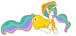 Size: 1234x580 | Tagged: safe, artist:jessy, character:princess celestia, species:alicorn, species:pony, g4, clothing, dress, female, flower, flower in hair, hat, mare, prone, simple background, solo, sun hat, sundress, sunflower, white background