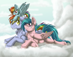 Size: 1024x796 | Tagged: safe, artist:inuhoshi-to-darkpen, character:firefly, character:rainbow blaze, character:rainbow dash, species:pegasus, species:pony, ship:fireblaze, g1, g4, cloud, crossed hooves, family, female, filly, filly rainbow dash, firefly as rainbow dash's mom, foal, g1 to g4, generation leap, lying on a cloud, mare, on a cloud, parent, shipping, trio, unshorn fetlocks, younger
