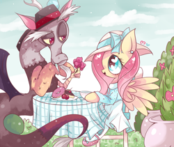 Size: 900x758 | Tagged: safe, artist:ipun, character:discord, character:fluttershy, ship:discoshy, clothing, dress, drink, female, flower, food, hat, male, shipping, straight, table, tea party, trilby