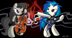 Size: 1725x925 | Tagged: safe, artist:flutterthrash, character:dj pon-3, character:octavia melody, character:vinyl scratch, ship:scratchtavia, alternate hairstyle, armband, cello, clothing, flying v, guitar, metal, musical instrument, rocktavia, shipping, shirt