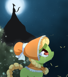 Size: 900x1024 | Tagged: dead source, safe, artist:loyaldis, character:granny smith, species:earth pony, species:pony, episode:ponyville confidential, g4, my little pony: friendship is magic, bonnet, crying, eyes in the dark, female, filly, glowing eyes, looking up, night, sad, scared, solo, timber wolf, young granny smith, younger