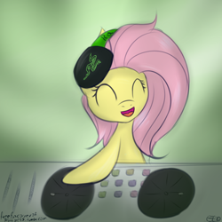 Size: 900x900 | Tagged: safe, artist:freefracornerofsillyness, artist:freefraq, character:fluttershy, female, headphones, party soft, solo, turntable