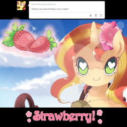 Size: 900x900 | Tagged: dead source, safe, artist:loyaldis, character:sunset shimmer, species:pony, species:unicorn, ask, cute, female, flower, flower in hair, food, heart eyes, mare, shimmerbetes, smiling, solo, strawberry, tumblr, wingding eyes