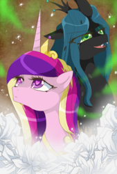 Size: 879x1300 | Tagged: safe, artist:loyaldis, character:princess cadance, character:queen chrysalis, species:alicorn, species:changeling, species:pony, bust, changeling queen, female, heart eyes, wingding eyes