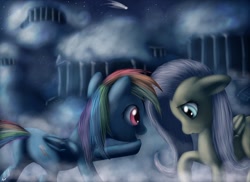 Size: 1500x1090 | Tagged: safe, artist:miokomata, character:fluttershy, character:rainbow dash, cloudsdale