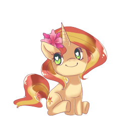 Size: 500x537 | Tagged: dead source, safe, artist:loyaldis, character:sunset shimmer, species:pony, species:unicorn, female, flower, flower in hair, heart eyes, smiling, solo, wingding eyes