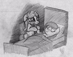 Size: 2820x2202 | Tagged: safe, artist:drawponies, oc, oc only, oc:taralicious, ponysona, species:earth pony, species:pony, species:unicorn, based on a true story, bed, crying, duo, dying, eyes closed, feels, female, filly, holding hooves, in bed, kiki, kiki havivy, mare, pencil drawing, sad, tara strong, traditional art