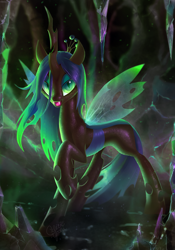 Size: 860x1227 | Tagged: safe, artist:dawnfire, character:queen chrysalis, species:changeling, cavern, changeling queen, colored pupils, female, open mouth, raised hoof, signature, smiling, solo, spread wings, wings