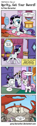Size: 800x2691 | Tagged: safe, artist:pony-berserker, character:rarity, character:sweetie belle, oc, oc:tom the crab, species:crab, species:pony, species:unicorn, comic:rarity get your sword, carousel boutique, clothing, comic, giant crab, lingerie, rarity fighting a giant crab, sweetie finds