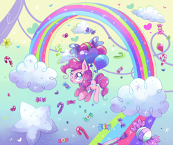 Size: 1200x1008 | Tagged: safe, artist:ipun, character:pinkie pie, species:earth pony, species:pony, balloon, candy, candy cane, cloud, cloudy, cute, diapinkes, female, floating, flying, food, gradient background, heart, heart eyes, rainbow, smiling, solo, then watch her balloons lift her up to the sky, wingding eyes