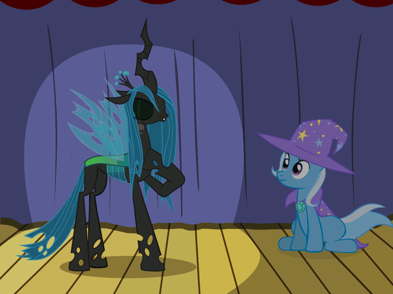 Size: 1300x972 | Tagged: safe, artist:evil-dec0y, character:discord, character:nightmare moon, character:prince blueblood, character:princess luna, character:queen chrysalis, character:trixie, oc, oc:fluffle puff, species:pony, species:unicorn, ship:bluetrix, animated, cape, character to character, clothing, female, female to male, hat, heart eyes, male, mare, pony to pony, rule 63, shipping, stage, straight, transformation, transgender transformation, trixie's cape, trixie's hat, wingding eyes