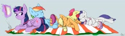 Size: 5400x1560 | Tagged: safe, artist:captainpudgemuffin, character:apple bloom, character:applejack, character:rainbow dash, character:rarity, character:scootaloo, character:sweetie belle, character:twilight sparkle, character:twilight sparkle (alicorn), species:alicorn, species:pegasus, species:pony, blanket, butt pillow, cuddle puddle, cuddling, cutie mark crusaders, female, hug, line-up, magic, mare, picnic, pony pile, reading, sleeping, snuggling