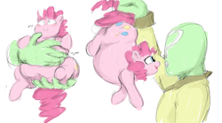 Size: 1440x800 | Tagged: safe, artist:sirmasterdufel, character:pinkie pie, oc, oc:anon, species:human, burp, chubby, fat, in goliath's palm, micro, pudgy pie, tiny ponies