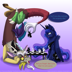 Size: 900x900 | Tagged: safe, artist:inuhoshi-to-darkpen, character:discord, character:princess luna, ship:lunacord, chess, female, male, prehensile tail, shipping, straight, table, tail hold, upside down