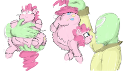 Size: 2480x1375 | Tagged: safe, artist:sirmasterdufel, edit, character:pinkie pie, oc, oc:anon, burp, chubby, fat, fluffy pony, in goliath's palm, micro, pinkiefluff, pudgy pie, tiny ponies