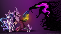 Size: 1280x725 | Tagged: safe, artist:inuhoshi-to-darkpen, character:discord, character:king sombra, character:princess celestia, species:alicorn, species:draconequus, species:pony, species:umbrum, apep, egyptian mythology, ethereal mane, female, magic, male, mare, monster, purple background, ra, ra celestia, set (god), shadow creature, simple background, snake, sombra eyes, sun god, trio