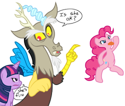 Size: 4819x4083 | Tagged: safe, artist:jessy, artist:kooner-cz, character:discord, character:pinkie pie, character:twilight sparkle, absurd resolution, colored, simple background, transparent background, vector