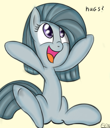 Size: 900x1045 | Tagged: safe, artist:freefraq, character:marble pie, species:earth pony, species:pony, cute, dialogue, female, happy, hug request, looking up, mare, open mouth, simple background, smiling, solo, tan background, underhoof