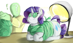Size: 1280x752 | Tagged: safe, artist:sirmasterdufel, character:rarity, oc, oc:anon, species:human, chubbity, chubby, cucumber, cute, fat, hooficure, micro, seaweed wrap, tiny ponies