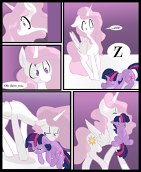 Size: 1767x2159 | Tagged: safe, artist:fauxsquared, artist:michwoona, character:princess celestia, character:twilight sparkle, character:twilight sparkle (unicorn), species:alicorn, species:pony, species:unicorn, carrying, colored, comic, cute, dialogue, eyes closed, filly, filly twilight sparkle, floppy ears, momlestia, mouth hold, pink-mane celestia, prone, scruff, sleeping, smiling, speech bubble, surprised, tired, walking, wide eyes, young celestia, younger, z