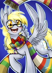 Size: 1280x1792 | Tagged: safe, artist:jitterbugjive, character:derpy hooves, species:pegasus, species:pony, lovestruck derpy, blushing, bow, bow tie, clothing, doctor derpy, doctor who, female, fourth doctor's scarf, glasses, happy, key, mare, scarf, solo, the derptor