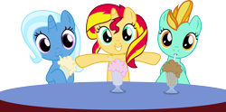 Size: 4563x2260 | Tagged: safe, artist:vector-brony, character:lightning dust, character:sunset shimmer, character:trixie, species:pegasus, species:pony, species:unicorn, :3, cute, diatrixes, dustabetes, female, filly, filly lightning dust, filly sunset shimmer, filly trixie, looking at you, milkshake, milkshake ponies, shimmerbetes, simple background, smiling, transparent background, vector