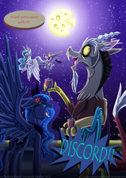 Size: 900x1267 | Tagged: safe, artist:inuhoshi-to-darkpen, character:discord, character:princess celestia, character:princess luna, character:twilight sparkle, character:twilight sparkle (alicorn), species:alicorn, species:draconequus, species:pony, ship:lunacord, angry, celestia is not amused, cheese, discord being discord, female, luna is not amused, male, mare, shipping, straight, this will end in pain, this will end in petrification, varying degrees of amusement, yelling