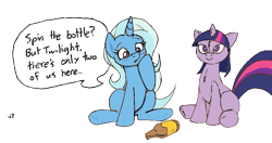 Size: 784x414 | Tagged: source needed, safe, artist:joey darkmeat, character:trixie, character:twilight sparkle, character:twilight sparkle (unicorn), species:pony, species:unicorn, ship:twixie, g4, female, lesbian, mare, plushie, shipping, simple background, sitting, spin the bottle, transparent background, twidoll