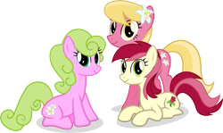 Size: 4083x2439 | Tagged: safe, artist:vector-brony, character:daisy, character:lily, character:lily valley, character:roseluck, species:earth pony, species:pony, background pony, female, flower, flower in hair, flower trio, lily (flower), mare, prone, simple background, sitting, transparent background, trio, vector