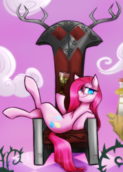 Size: 1500x2100 | Tagged: safe, artist:jitterbugjive, character:pinkamena diane pie, character:pinkie pie, species:earth pony, species:pony, badass, chair, chalice, cup, discord's throne, female, mare, solo, throne